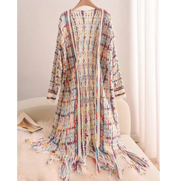 Plus Multicolor Fringe Hem Open Front Long Cardigan - Picture 5 of 7